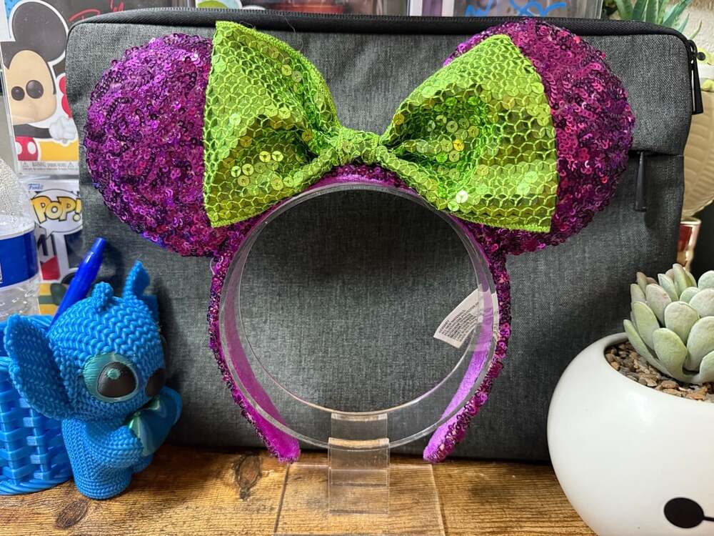 EUC Disney Parks Purple Sequin Ears Headband with Green Bow